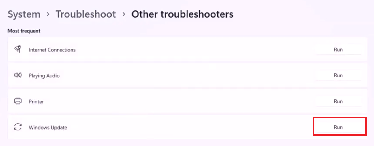 run the troubleshooter for update