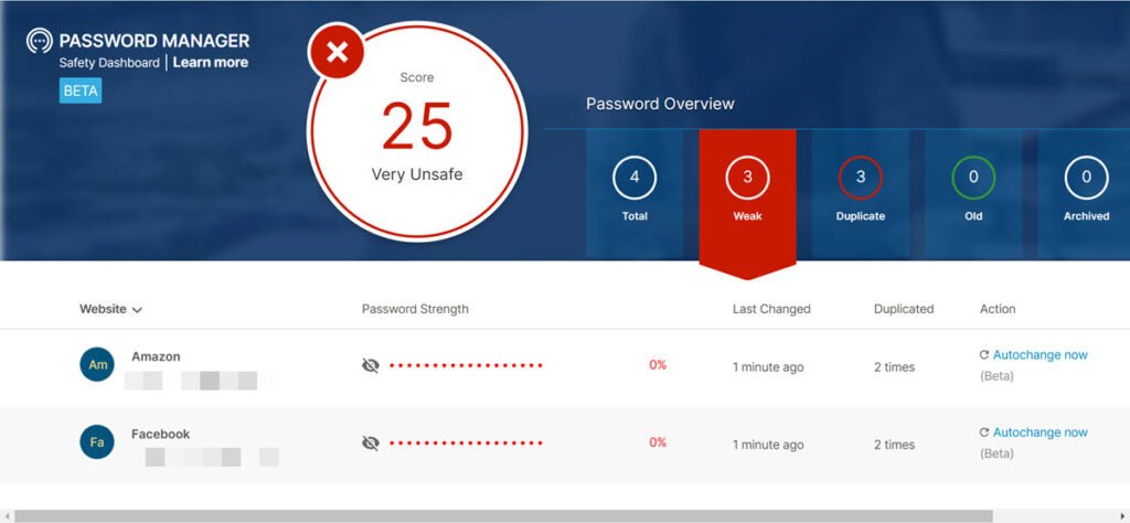 Password manager dashboard